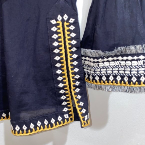 Tory Burch Embroidered Fringe Collar Tunic Top SZ 2 Navy Blue Summer Resort Wear - Picture 4 of 6